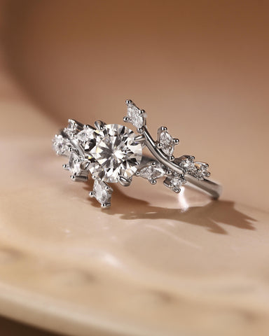 ALESSIA Nature Inspired Bypass Vine Leaf  Round Cut Engagement Ring