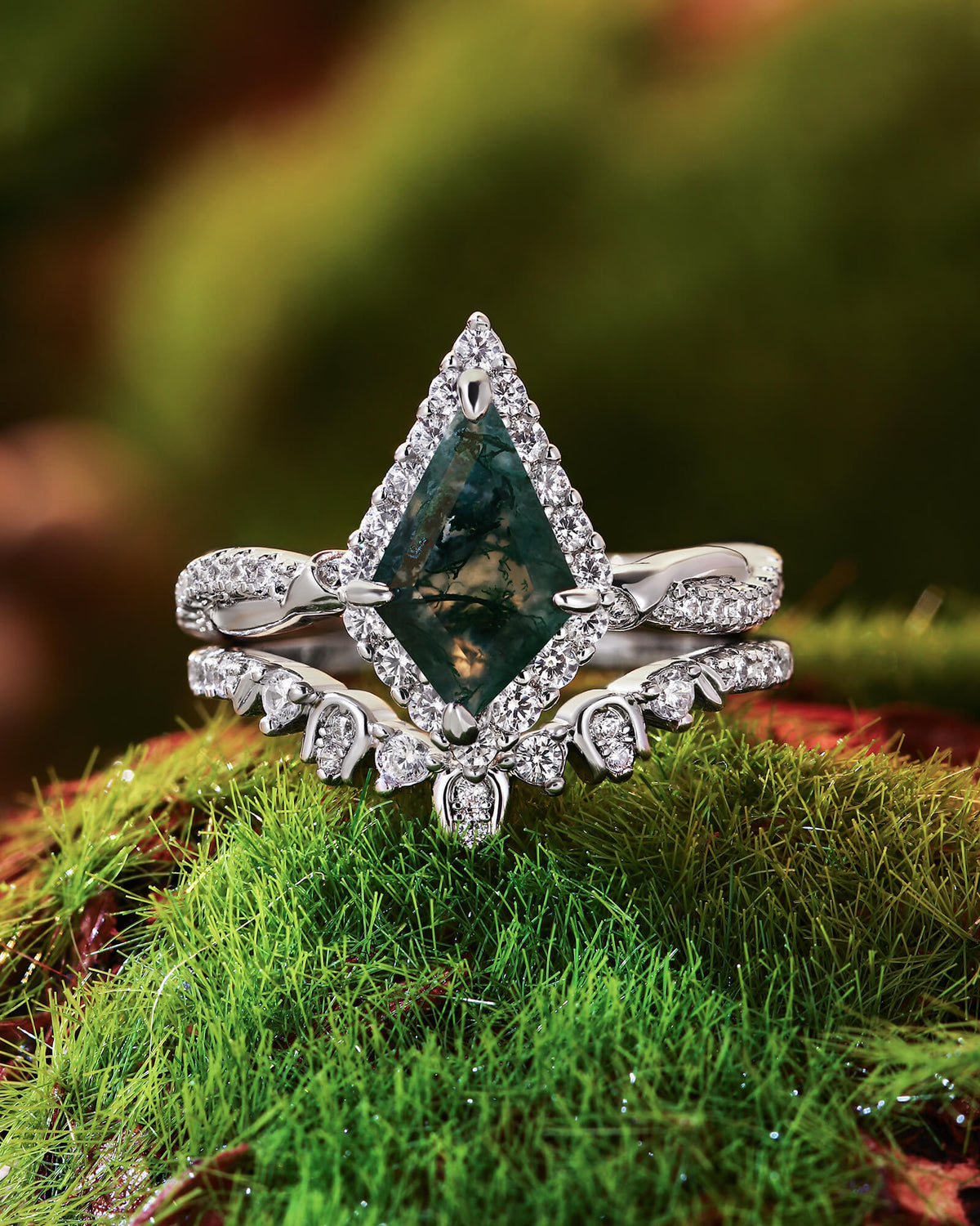 KARINA Vintage Halo Kite Cut Moss Agate Fairy Flower Inspired Engagement Set 2pcs