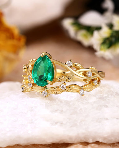 ELLA Pear Shaped Lab Emerald Engagement Ring Nature Inspired Leaf Ring Set