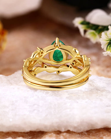 ELLA Pear Shaped Lab Emerald Engagement Ring Nature Inspired Leaf Ring Set