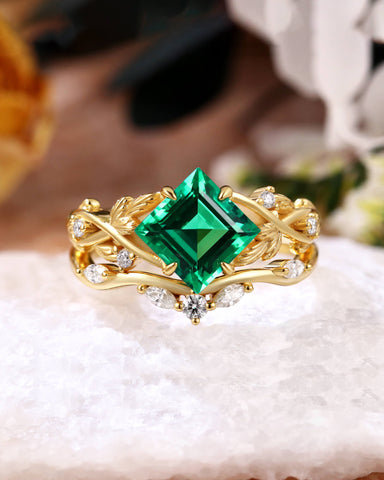 CASSIA Princess Cut Emerald Engagement Ring Set Nature Inspired Leaf Ring Set