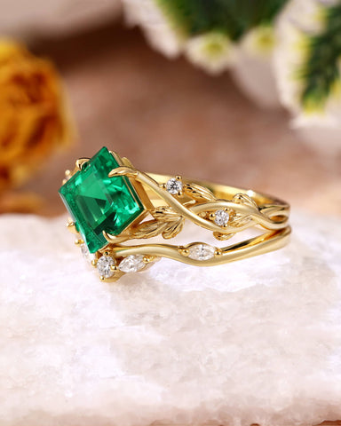 CASSIA Princess Cut Emerald Engagement Ring Set Nature Inspired Leaf Ring Set