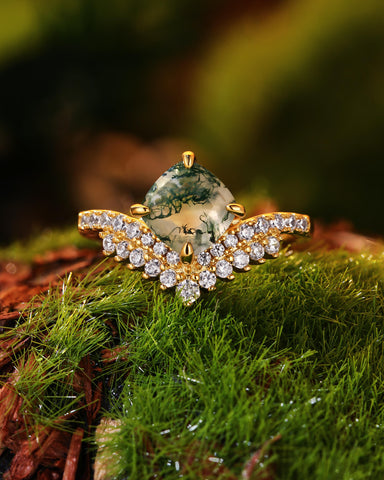 MOSSIRA Cushion Cut Moss Agate Cluster Engagement Ring
