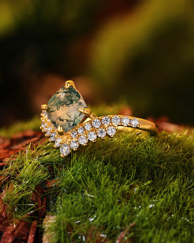 MOSSIRA Cushion Cut Moss Agate Cluster Engagement Ring