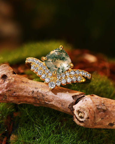 MOSSIRA Cushion Cut Moss Agate Cluster Engagement Ring