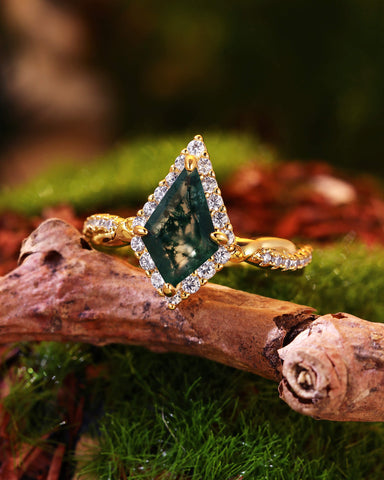 KARINA Halo Kite Cut Moss Agate Floral Twist Engagement Ring