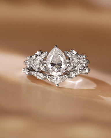 SCARLETT Pear Cut Moissanite Vintage Floral Engagement Ring Set with leaf Wedding Band