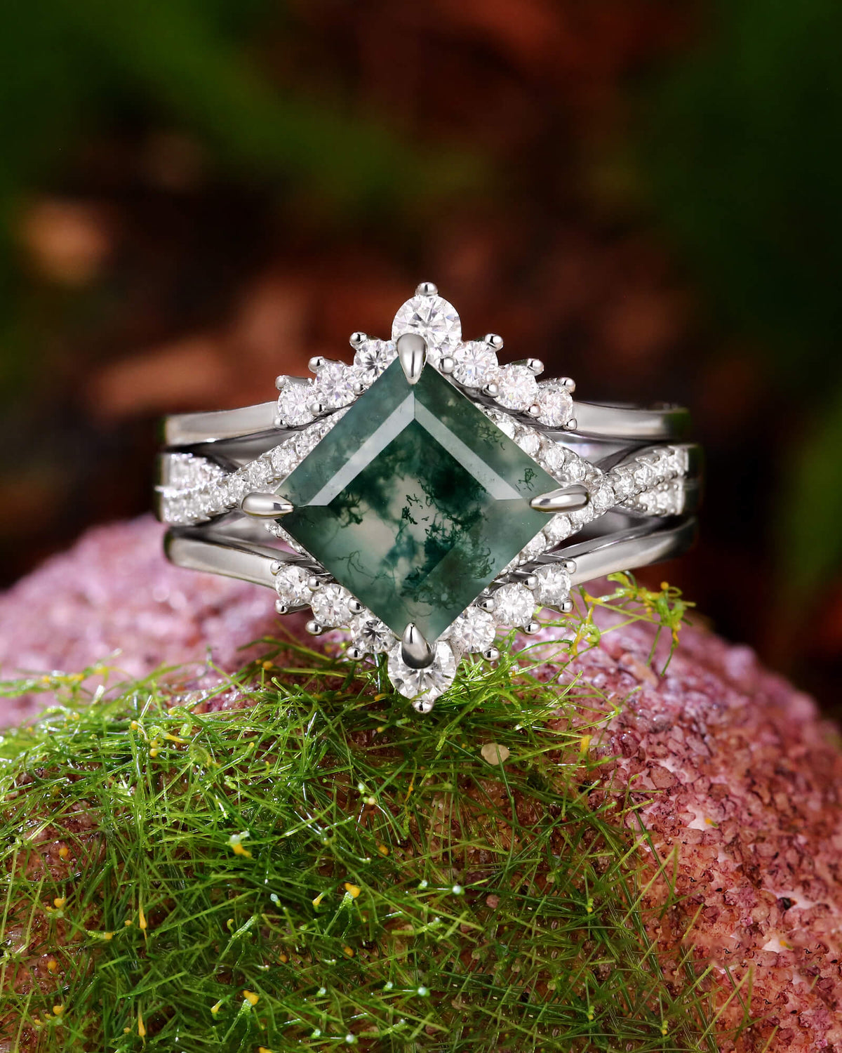 MIRETH Nature Inspired Square Shaped Moss Agate Bridal Ring Set
