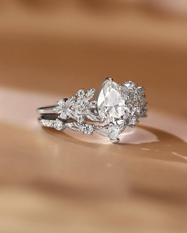 SCARLETT Pear Cut Moissanite Vintage Floral Engagement Ring Set with leaf Wedding Band