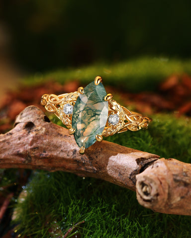 QUESTA Marquise Cut Moss Agate Leaf and Knot Love Engagement Ring