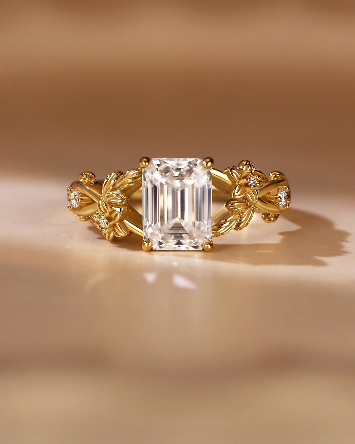 ANYA Emerald Cut Moissanite Nature Inspired Leaf Floral Cluster Engagement Ring