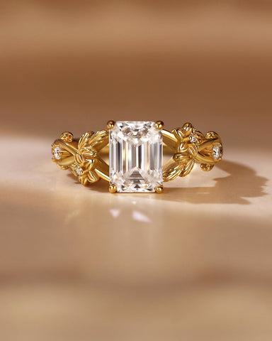 ANYA Emerald Cut Moissanite Nature Inspired Leaf Floral Cluster Engagement Ring