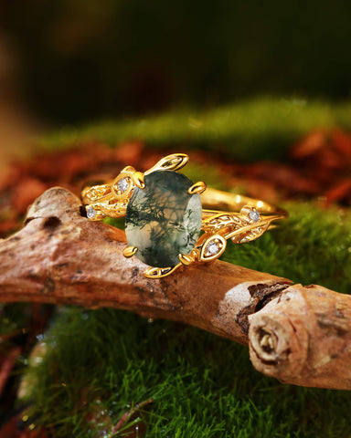 ORNELLA Oval Cut Moss Agate Leafy Vine Flower Engagement Ring