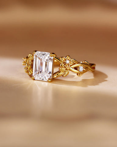 ANYA Emerald Cut Moissanite Nature Inspired Leaf Floral Cluster Engagement Ring