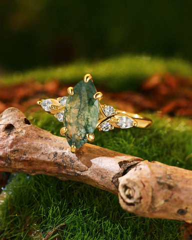 TWILA Marquise Cut Moss Agate Twist Cluster Engagement Ring