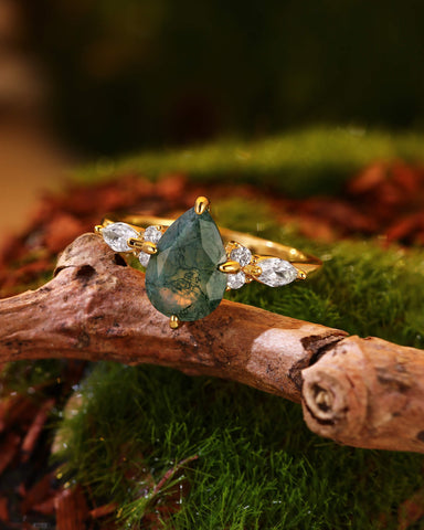 LIAZA Natural Moss Agate Pear Shaped Engagement Ring
