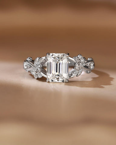 ANYA Emerald Cut Moissanite Nature Inspired Leaf Floral Cluster Engagement Ring