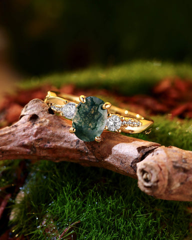 CALLUNA Three Stone Twisted Oval Cut Moss Agate Engagement Ring