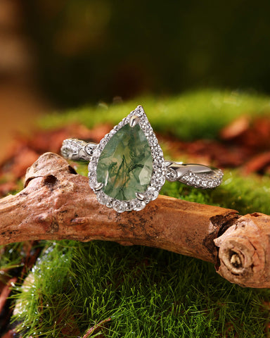 ANTHEA Halo Pear Cut Moss Agate Nature Inspired Engagement Ring