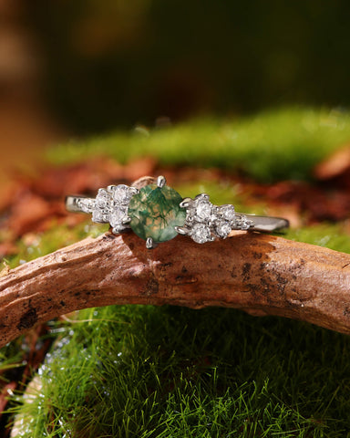 PINE Round Cut Cluster Moss Agate Engagement Ring