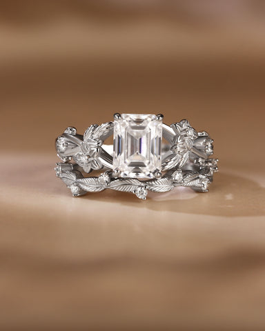 BERTHA Emerald Cut Moissanite Nature Inspired Bridal Ring Set with Leaf Wedding Band
