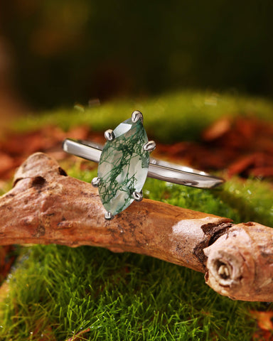 VERNA Marquise Moss Agate Solitaire Engagement Ring
