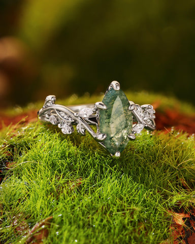 MARCELLA Nature Inspired Marquise Moss Agate Leafy Twist Engagement Ring