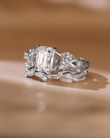 BERTHA Emerald Cut Moissanite Nature Inspired Bridal Ring Set with Leaf Wedding Band