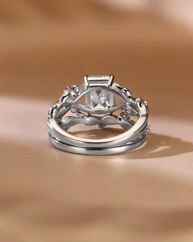 BERTHA Emerald Cut Moissanite Nature Inspired Bridal Ring Set with Leaf Wedding Band