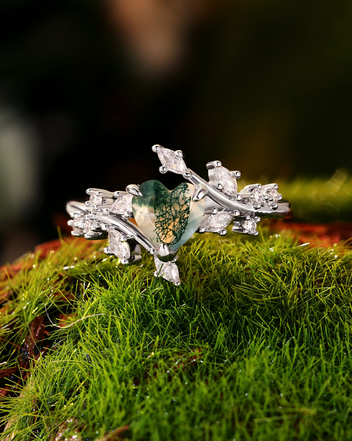 HORTENSE Heart Cut Moss Agate Branch Leafy Inspired Engagement Ring