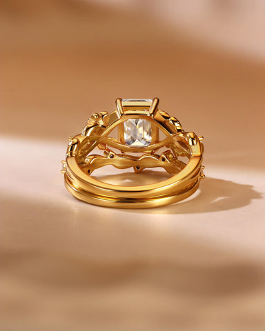 BERTHA Emerald Cut Moissanite Nature Inspired Bridal Ring Set with Leaf Wedding Band