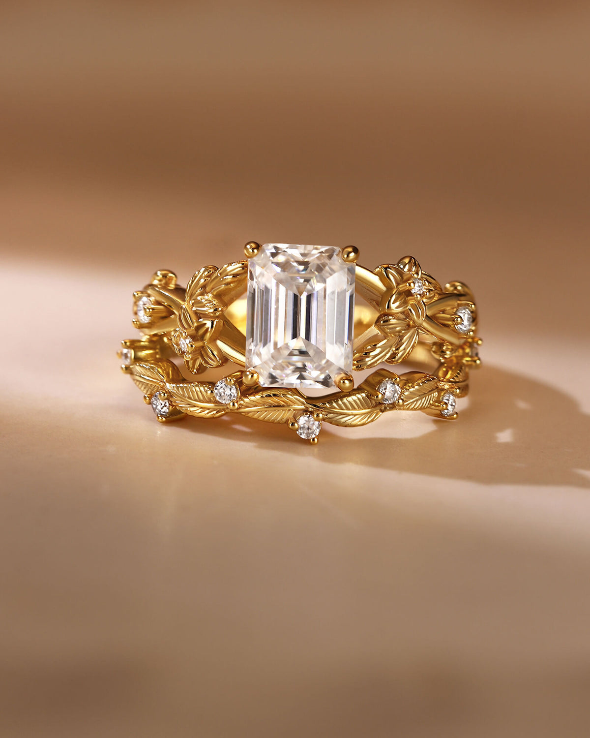 BERTHA Emerald Cut Moissanite Nature Inspired Bridal Ring Set with Leaf Wedding Band