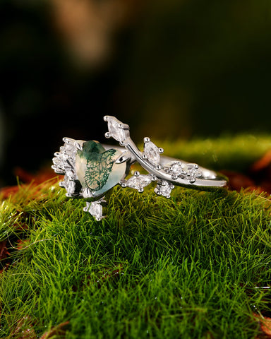 HORTENSE Heart Cut Moss Agate Branch Leafy Inspired Engagement Ring