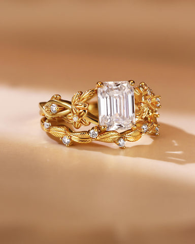 BERTHA Emerald Cut Moissanite Nature Inspired Bridal Ring Set with Leaf Wedding Band
