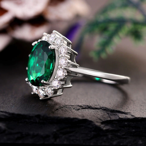 ELIORA Oval Cut Lab Emerald Halo Engagement Ring Unique Promise Ring