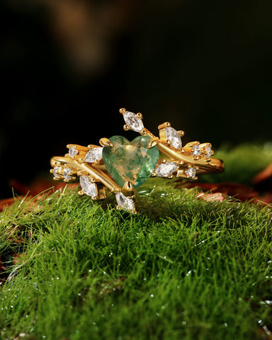 HORTENSE Heart Cut Moss Agate Branch Leafy Inspired Engagement Ring