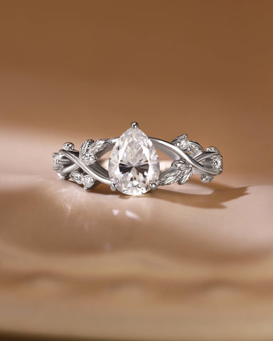 KARA Pear Shaped Moissanite Nature Inspired Engagement Ring