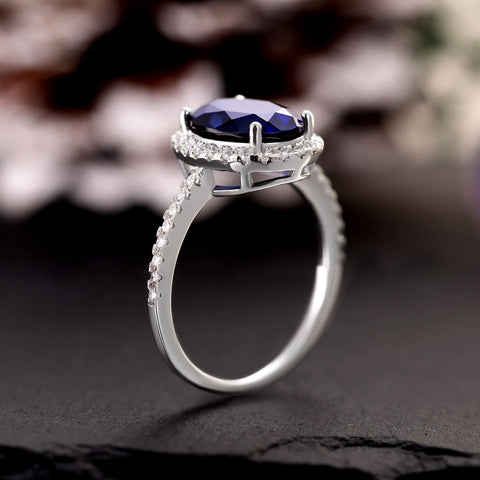 SOLIVINE Oval Cut Sapphire Engagement Ring Moissanite Halo Accented Pave Ring