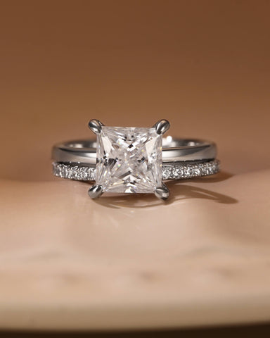 LENI Simple Princess Cut Engagement Eternity Ring Set