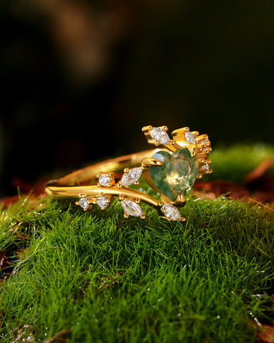 HORTENSE Heart Cut Moss Agate Branch Leafy Inspired Engagement Ring