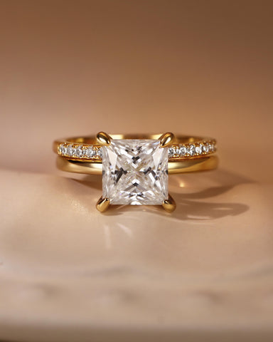 LENI Simple Princess Cut Engagement Eternity Ring Set