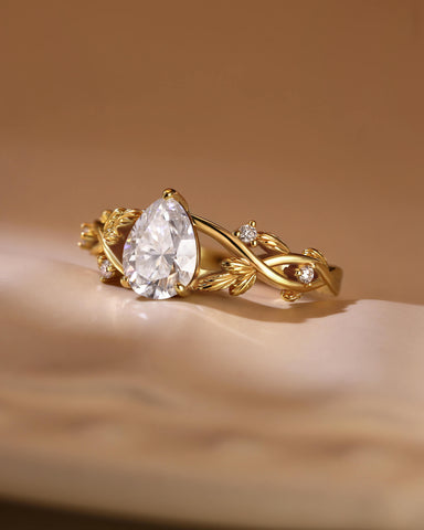 KARA Pear Shaped Moissanite Nature Inspired Engagement Ring