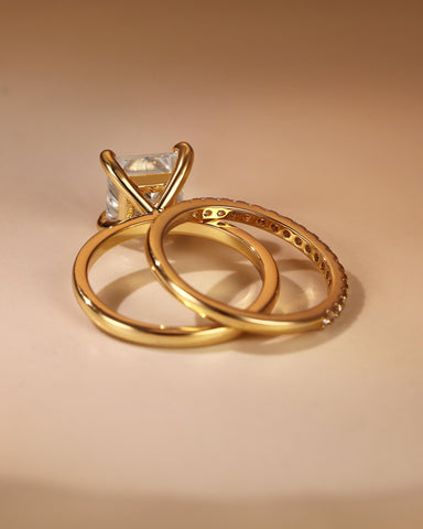 LENI Simple Princess Cut Engagement Eternity Ring Set