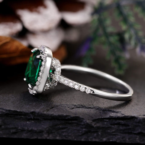 ELEONARA Cushion Cut Lab Emerald Engagement Ring Pave Halo Bridal Ring