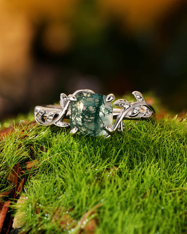 EVERLY Cushion Cut Moss Agate Forestcore Leafy Engagement Ring