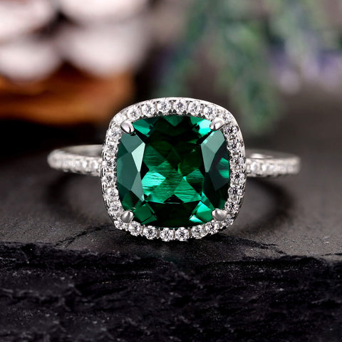 ELEONARA Cushion Cut Lab Emerald Engagement Ring Pave Halo Bridal Ring