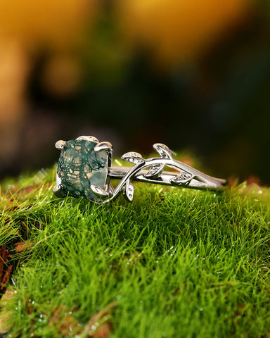 EVERLY Cushion Cut Moss Agate Forestcore Leafy Engagement Ring