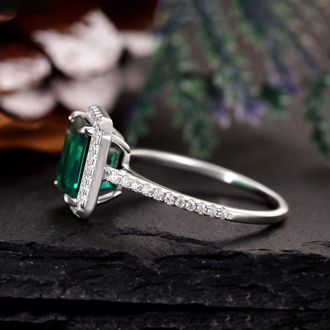 LUCINDA Lab Emerald Engagement Ring Pave Halo Promise Ring