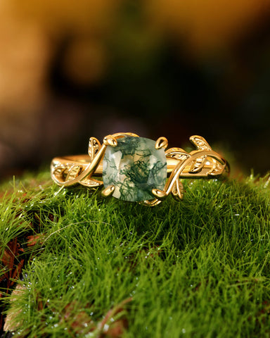 EVERLY Cushion Cut Moss Agate Forestcore Leafy Engagement Ring