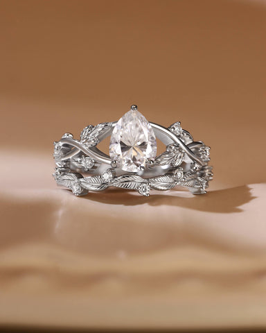 JENNA Pear Cut Moissanite Bridal Ring Set Nature Inspired Leaf Ring
